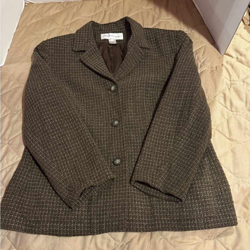 RENA ROWAN BROWN PLAID BLAZER Wool Blend Three Button Jacket Two Front Pockets